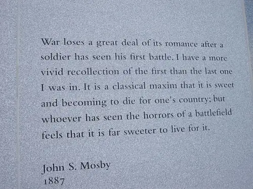 A close-up of the "War Loses Its Romance" inscription on the Veterans Memorial in Scranton, Penn., preserving the words of John S. Mosby. (Public Domain)