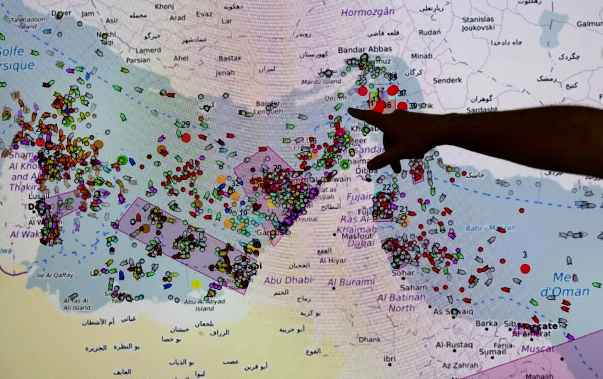 The positions of ships on the Strait of Hormuz on a screen at the Maritime Information and Cooperation Centre in Brest, France, on April 27, 2026. (Fred Tanneau / AFP via Getty Images)