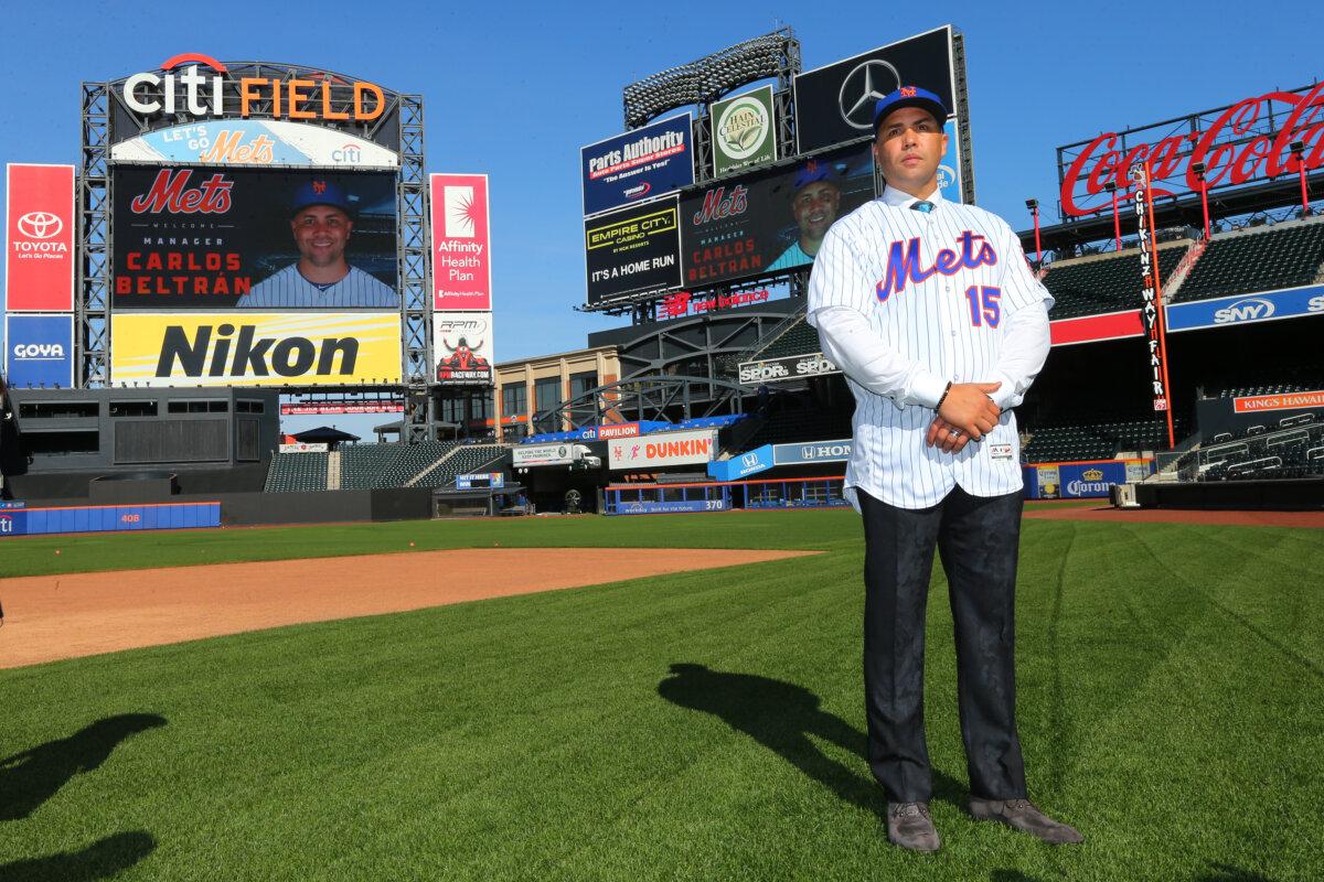 Carlos Beltrán after being introduced as the next manager of the New York Mets during a press conference at Citi Field in New York on Nov. 4, 2019. (Rich Schultz/Getty Images)