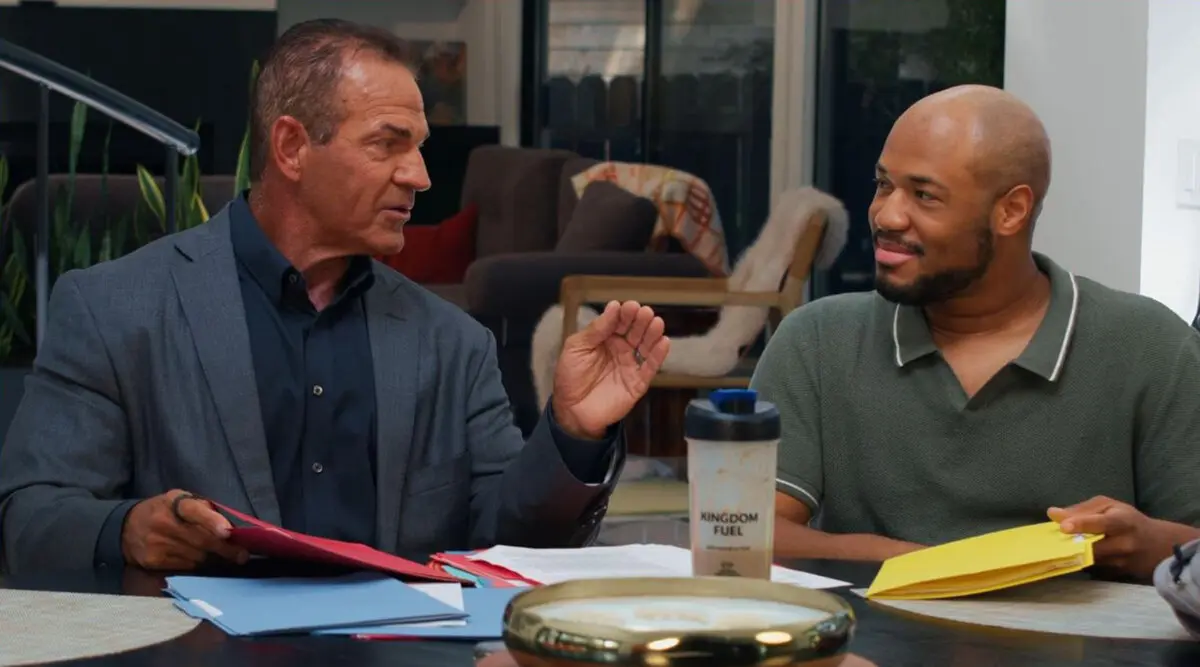 Paul Everett (Mark Sherwood, L) talks down to nephew, Joel (D'Marcus Thompson), in “Wealthy Soul.” (GJW+)