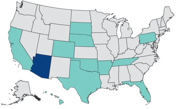 A map released by the Centers for Disease Control and Prevention shows where West Nile virus cases have been reported in the United States as of June 30, 2026. Arizona, in dark blue, has reported the most with 32 cases. (US CDC via The Epoch Times)