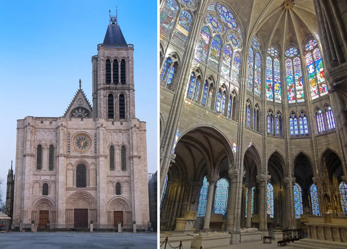 (Left) West façade of the Basilica of Saint-Denis in Saint-Denis, France. (Petr Kovalenkov/Shutterstock) (Right) The Rayonnant windows of clerestory and triforium. (<a href="https://commons.wikimedia.org/wiki/File:Saint-Denis_(93),_basilique_Saint-Denis,_abside_3-BF.jpg" target="_blank" rel="nofollow noopener">Pierre Poschadel</a>/ <a title="Category:CC-BY-SA-3.0" href="https://commons.wikimedia.org/wiki/Category:CC-BY-SA-3.0">CC-BY-SA-3.0</a>)