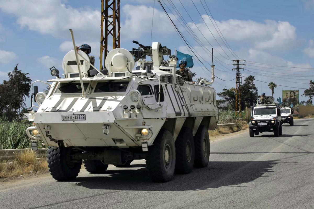 A United Nations Interim Force in Lebanon (UNIFIL) convoy drives through the southern town of Al-Mansouri, Lebanon, on July 2, 2026. (Kawnat Haju/AFP via Getty Images)