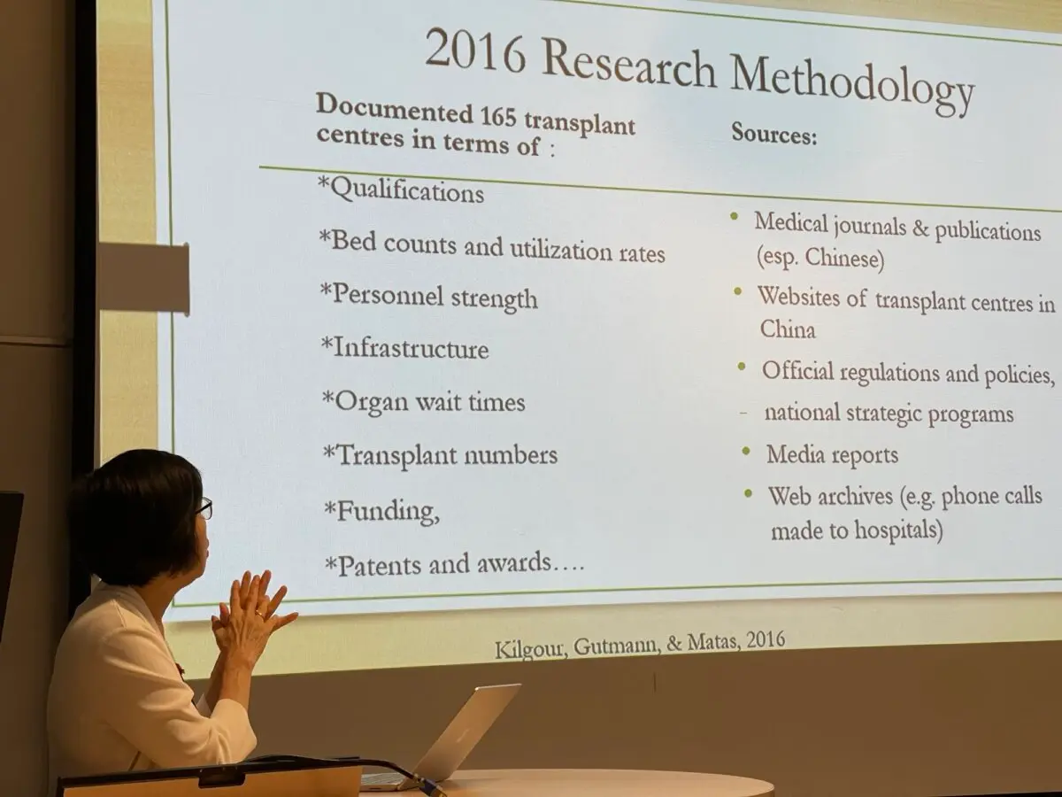 Maria Cheung discusses forced organ harvesting of Falun Gong practitioners in China during the International Congress on Law and Mental Health in Montreal on July 1, 2026. (Noé Chartier/The Epoch Times)