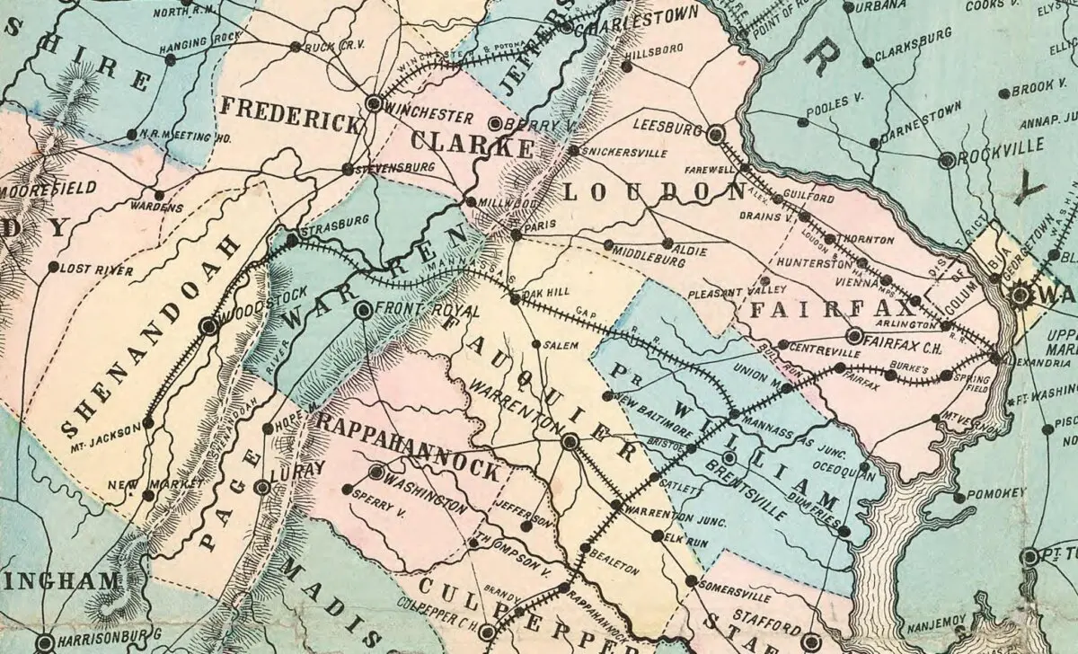 A cropped map of Virginia counties. Mosby's Rangers patrolled from the Shenandoah Valley to the outskirts of the city of Alexandria. Library of Congress. (Public Domain)