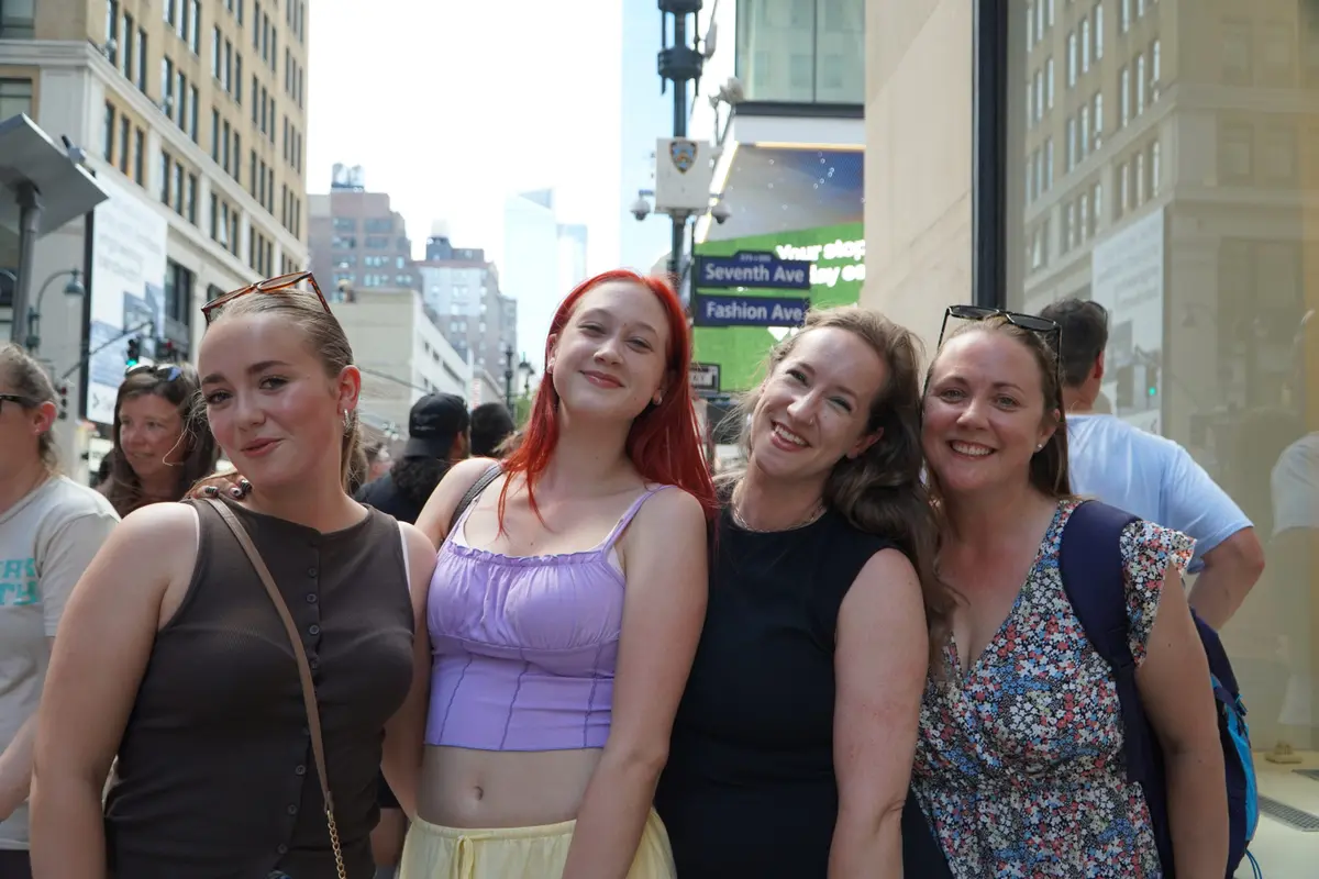 (L-R) Mothers and daughters Amelia Kingsnorth, Alice Wade, Jo Wade, and Hayley Kingsnorth came to New York from London for a summer trip and just happened upon the wedding in New York City on July 3, 2026. (Nicholas Zifcak/The Epoch Times)