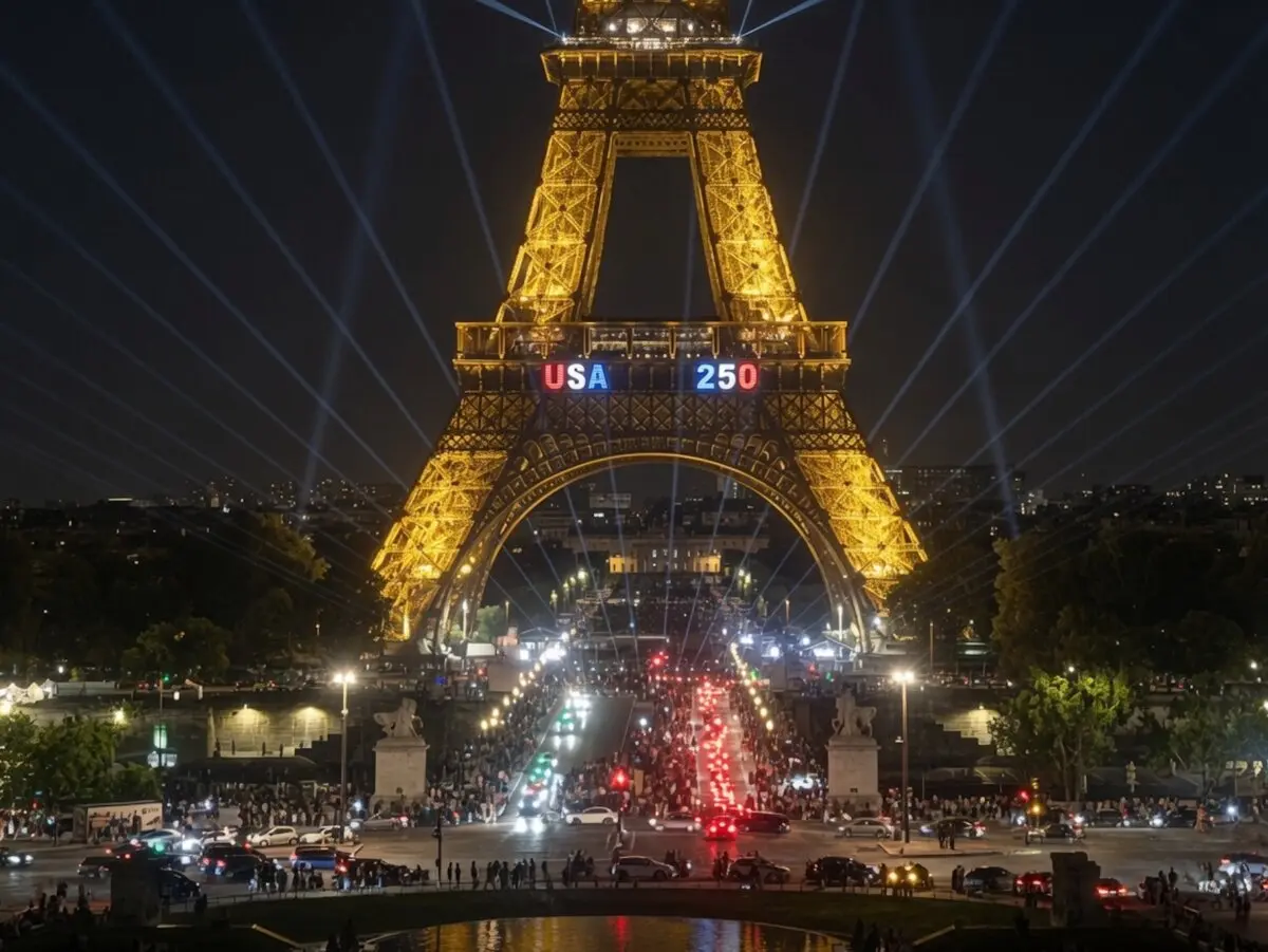 The Eiffel Tower is lit up in Paris to commemorate the 250th anniversary of the United States’ Declaration of Independence, on July 3, 2026. (Etienne Fauchaire/The Epoch Times)