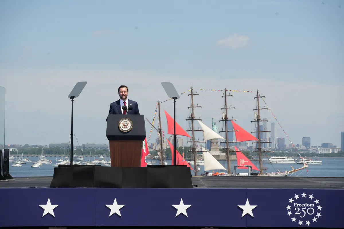 Vice President JD Vance delivers remarks at the International Naval Review 250 in New York City on July 4, 2026. (Samira Bouaou/The Epoch Times)