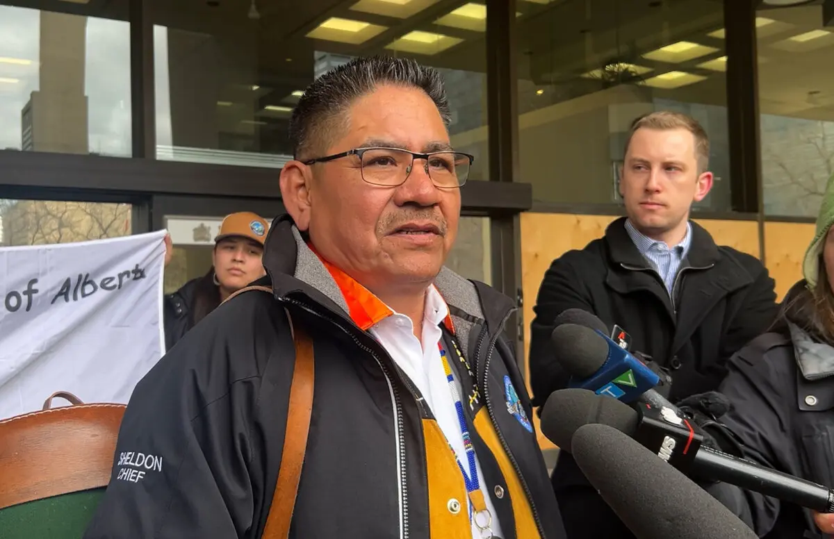 Sturgeon Lake Cree Nation Chief Sheldon Sunshine, who opposes the separation petition, speaks outside the Edmonton law courts on April 7, 2026. (The Canadian Press/Jack Farrell)
