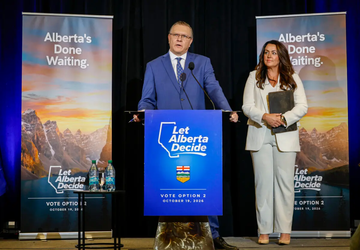 Keith Wilson at the launch of Alberta independence organization "Let Alberta Decide" in Calgary on June 19, 2026. (The Canadian Press/Jeff McIntosh)
