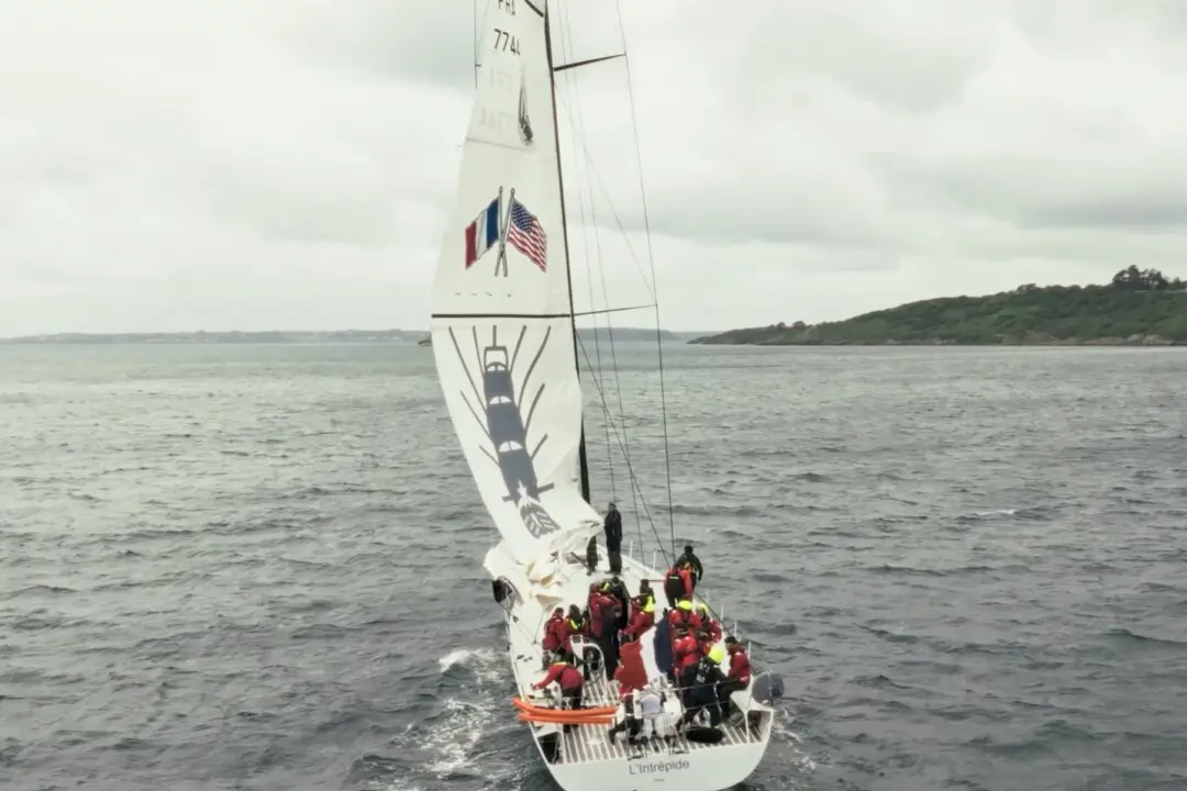 The French Naval Academy's training sailboat L'Intrépide departs Brest on a transatlantic voyage to the United States. (Courtesy of the French Marine Nationale)
