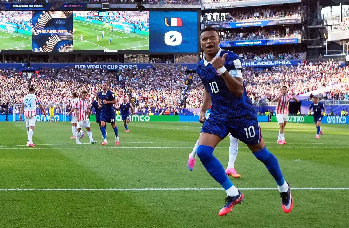 France's Kylian Mbappe celebrates scoring the team's first goal during their Round of 16 match against Paraguay at Philadelphia Stadium on July 4, 2026. (Omar Aziz/Reuters)