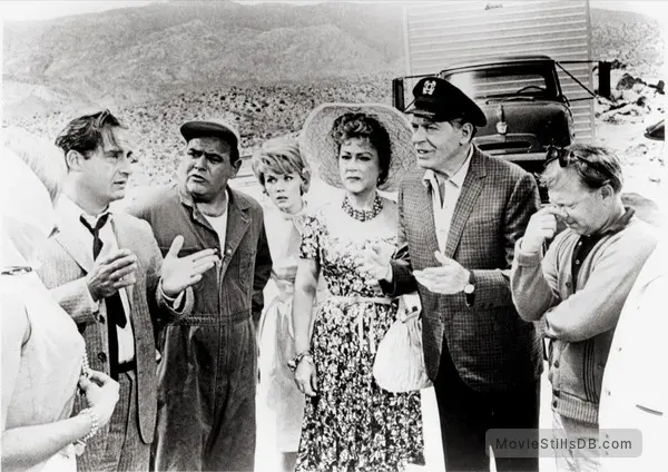 (L–R) Sid Caesar, Jonathan Winters, Dorothy Provine, Ethel Merman, Milton Berle, and Mickey Rooney on the set of “It’s a Mad, Mad, Mad, Mad World,” in a publicity still. (United Artists/MovieStillsDB)
