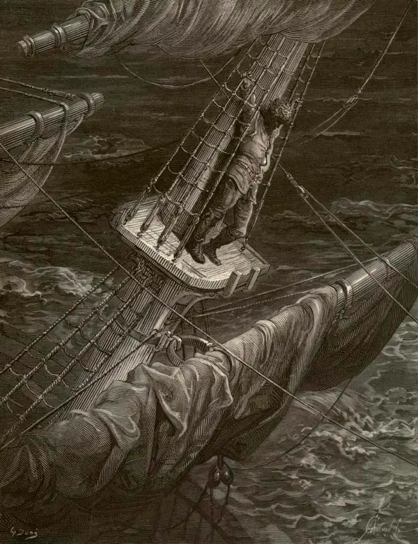 Engraving by Gustave Doré for an 1876 edition of Samuel Taylor Coleridge's "The Rime of the Ancient Mariner. "Entitled "I Had Done a Hellish Thing," it depicts a sailor holding on to ratlines in the crow's nest of a sailing ship. (Public Domain)