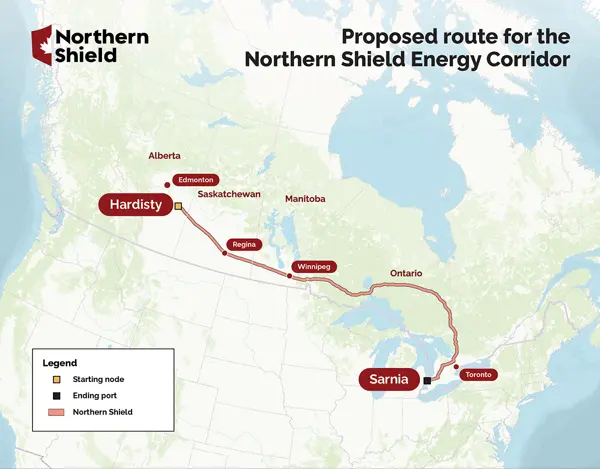 A map showing the proposed route for the Northern Shield Energy Corridor, travelling east from Hardisty, Alta., to Sarnia, Ont. (Handout photo)