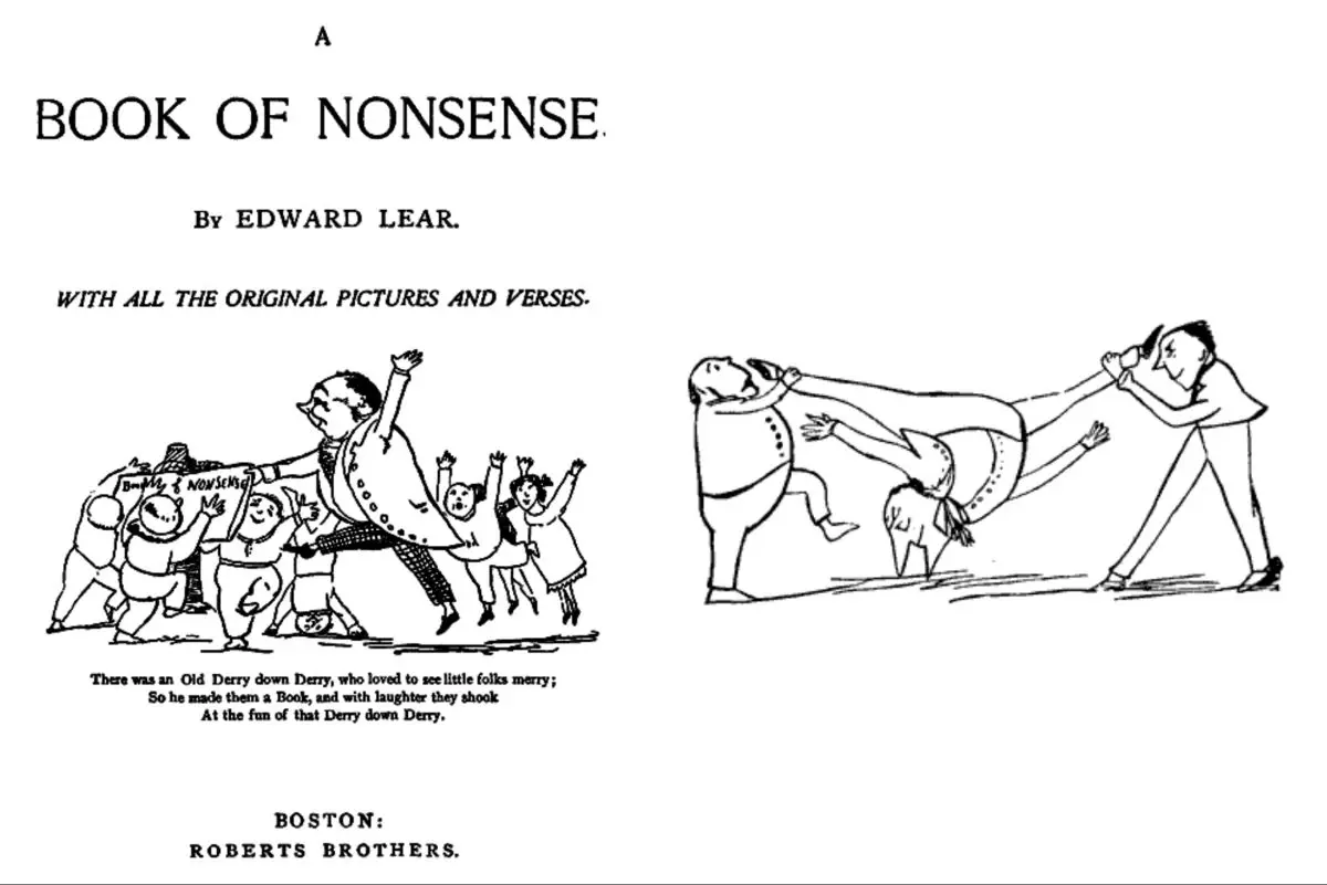 (Left) The 1894 book cover of "A Book of Nonsense," by Edward Lear. (Right) The illustration for "There was an Old Man of the West, Who never could get any rest." Project Gutenberg. (Public Domain)