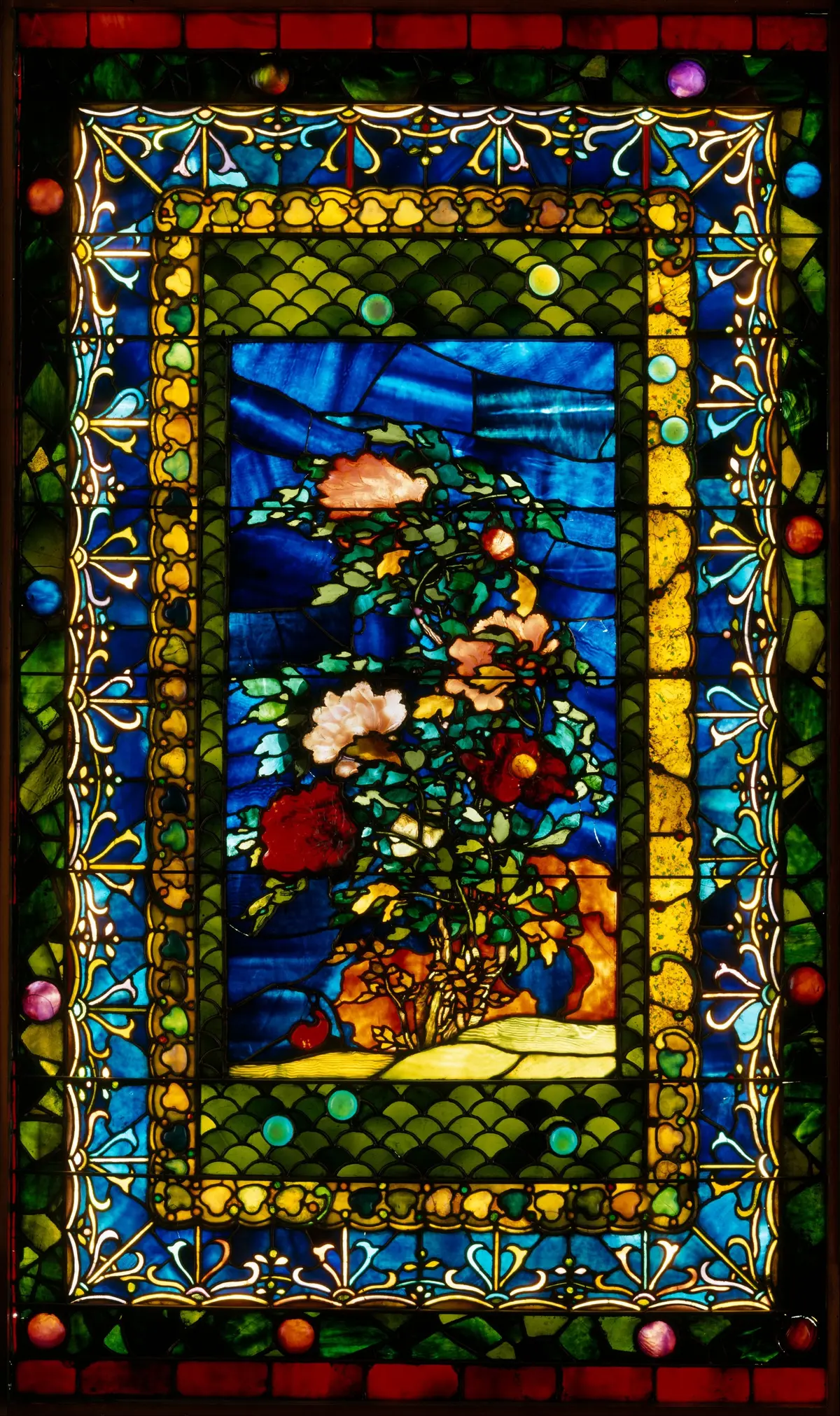 "Peonies Blown in the Wind," circa 1880, by John La Farge. Leaded opalescent glass; 75 inches by 45 inches. Metropolitan Museum of Art, New York City. (Public Domain)
