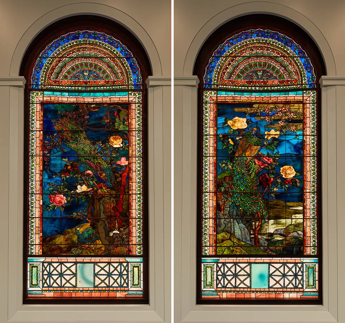 (Left) "Peacocks and Peonies I" and (Right) "Peacocks and Peonies II," 1882, by John La Farge. Stained glass window; 112 inches by 51 1/4 inches by 6 1/2 inches. Smithsonian American Art Museum, Washington. (Public Domain)