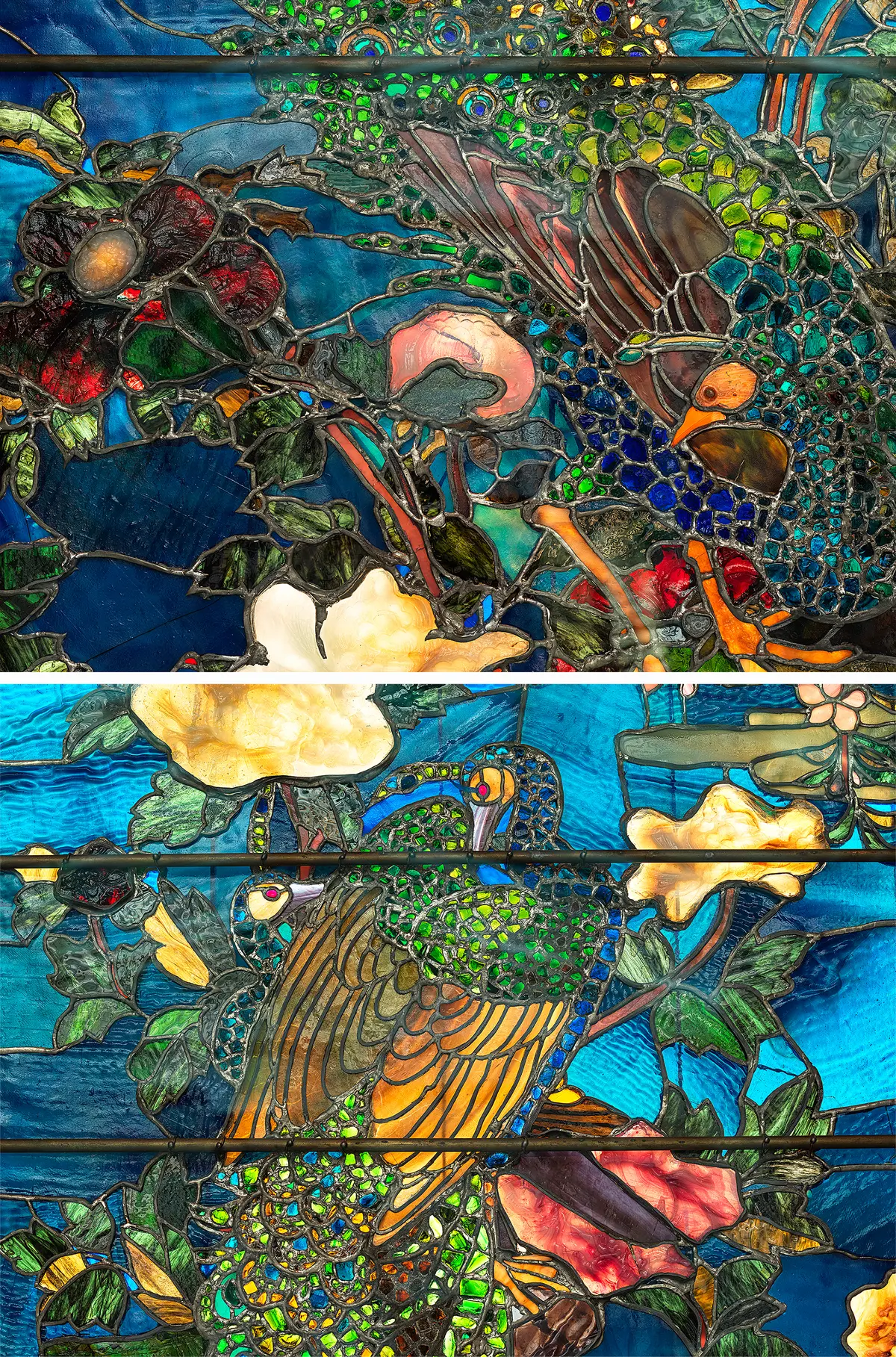 (Top) A detail from "Peacocks and Peonies I" and (Bottom) A detail from "Peacocks and Peonies II," 1882, by John La Farge. Smithsonian American Art Museum, Washington. (Public Domain)