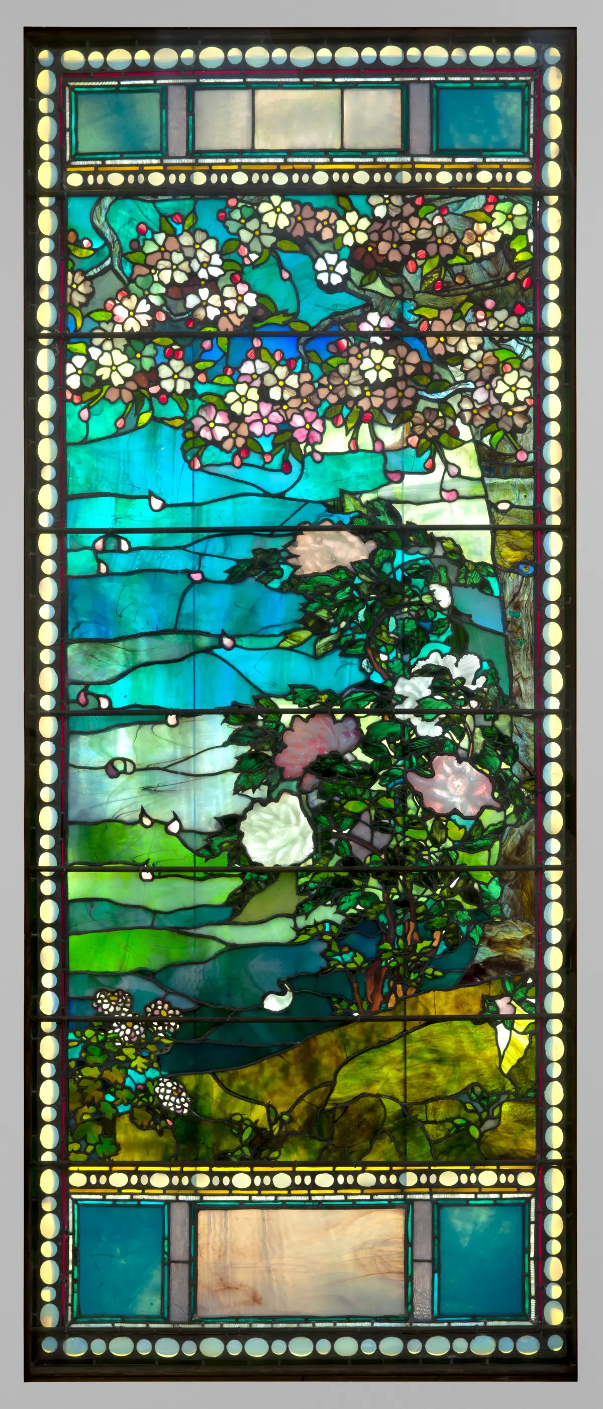 "Flowering Cherry Tree and Peony," 1882, by John La Farge. Leaded glass; 87 1/4 inches by 37 1/4 inches by 2 3/4 inches. Saint Louis Art Museum. (Public Domain)
