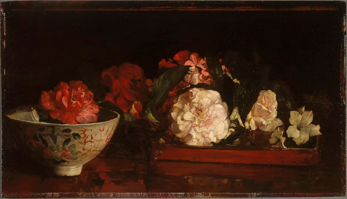 "Flowers on a Japanese Tray on a Mahogany Table," 1879, by John La Farge. Oil on panel; 10 3/8 inches by 18 1/16 inches. Brooklyn Museum, New York City. (Public Domain)