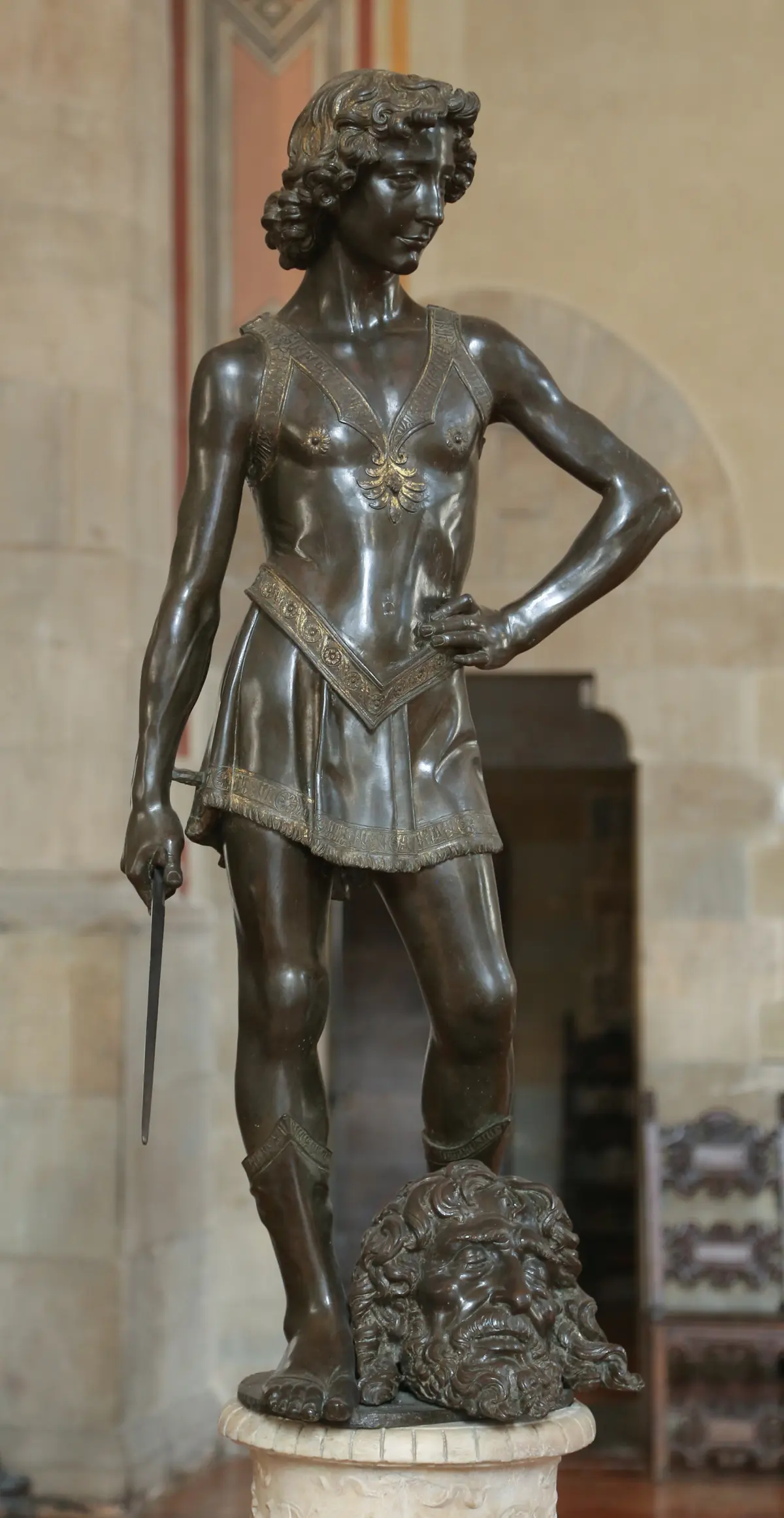 “David,” circa 1473–1475, by Andrea del Verocchio. Bronze; 49 inches. National Museum of Bargello, Florence. (<a title="User:Rufus46" href="https://commons.wikimedia.org/wiki/File:David,_Andrea_del_Verrocchio,_ca._1466-69,_Bargello_Florenz-01-180.jpg">Rufus46</a>/<a title="Category:CC-BY-SA-3.0" href="https://commons.wikimedia.org/wiki/Category:CC-BY-SA-3.0">CC-BY-SA-3.0</a>)