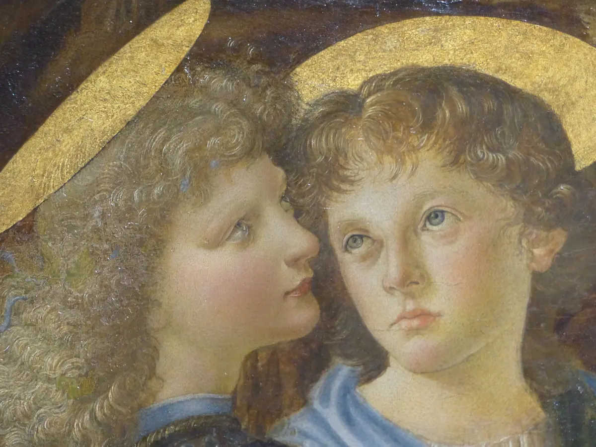 A detail of "The Baptism of Christ," 1472–1475, by Verrocchio and Leonardo. Leonardo's angel is on the left. (<a title="User:Benjamín Núñez González" href="https://commons.wikimedia.org/wiki/File:Bautismo_de_Cristo,_Verrocchio,_Florencia,_Italia,_2019.jpg">Benjamín Núñez González</a>/ <a title="Category:CC-BY-SA-4.0" href="https://commons.wikimedia.org/wiki/Category:CC-BY-SA-4.0">CC-BY-SA-4.0</a>)