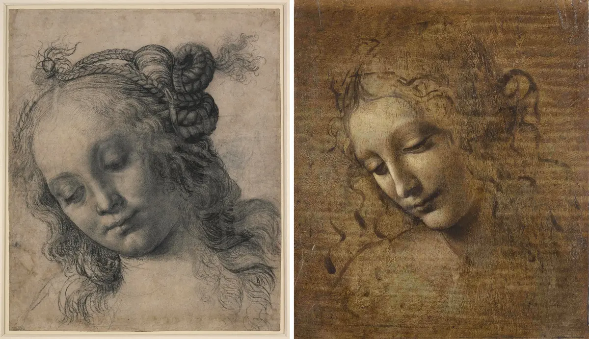 (Left) “Head of a Woman,” circa 1475, by Andrea del Verrocchio. Charcoal, pen, and brown ink on paper; 12 3/4 inches by 10 3/4 inches. British Museum, London. (Right) "Head of a Woman Known as La Scapiliata,” circa 1492–1501, by Leonardo. White lead with iron and cinnabar pigments, on white lead preparation containing copper, lead yellow and tin pigments on walnut panel; 9 11/16 inches by 8 5/16 inches. Galleria nazionale di Parma, Italy. (Public Domain)