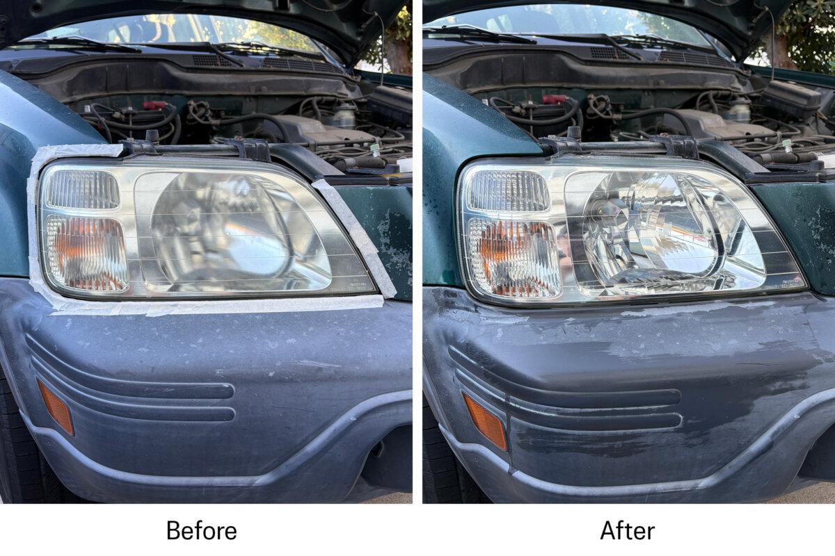 Headlights before using Cerakote Headlight Restoration Kit (left), and after (right).