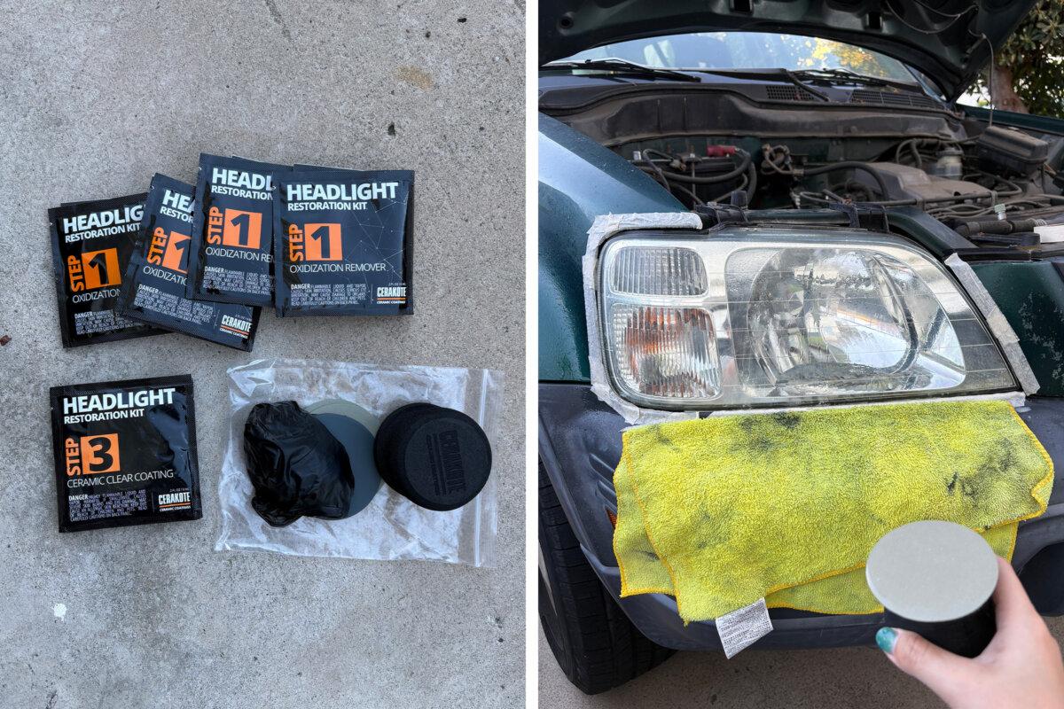 Contents of the Cerakote Headlight Restoration Kit (left), sanding process (right).