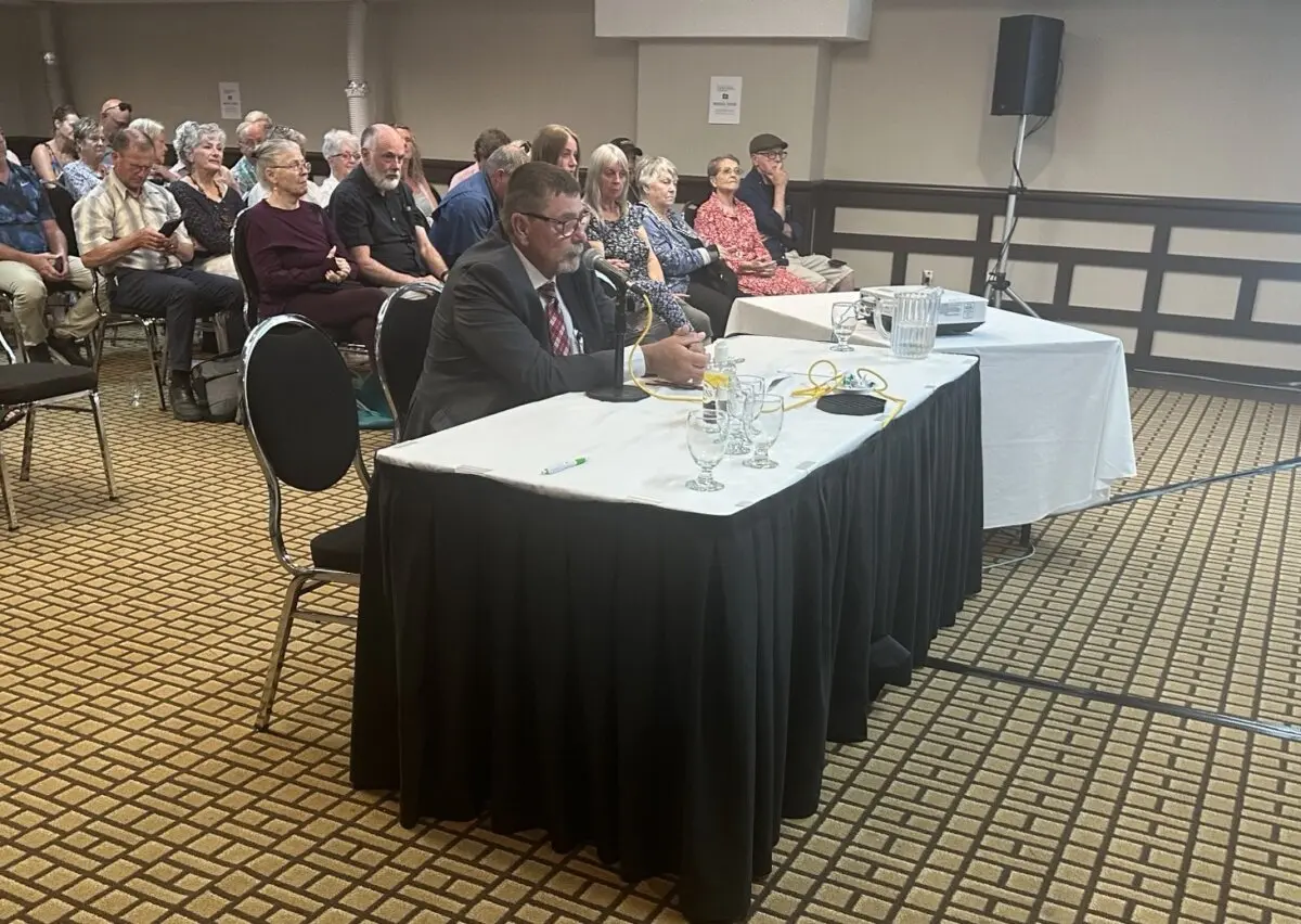 Gary Clement, former national director of the RCMP’s Proceeds of Crime program, speaks at a public hearing of the Review of the Island Regulatory and Appeals Commission in Charlottetown on July 6, 2026. (Omid Ghoreishi/The Epoch Times)