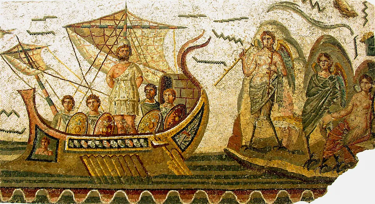 “Odysseus and the Sirens,” a famous 2nd-century AD Roman mosaic. During his long journey home from the Trojan War, Odysseus and his crew faced the deadly threat of the Sirens, whose irresistibly beautiful song lured sailors to crash their ships on the rocks and perish. (Public Domain)