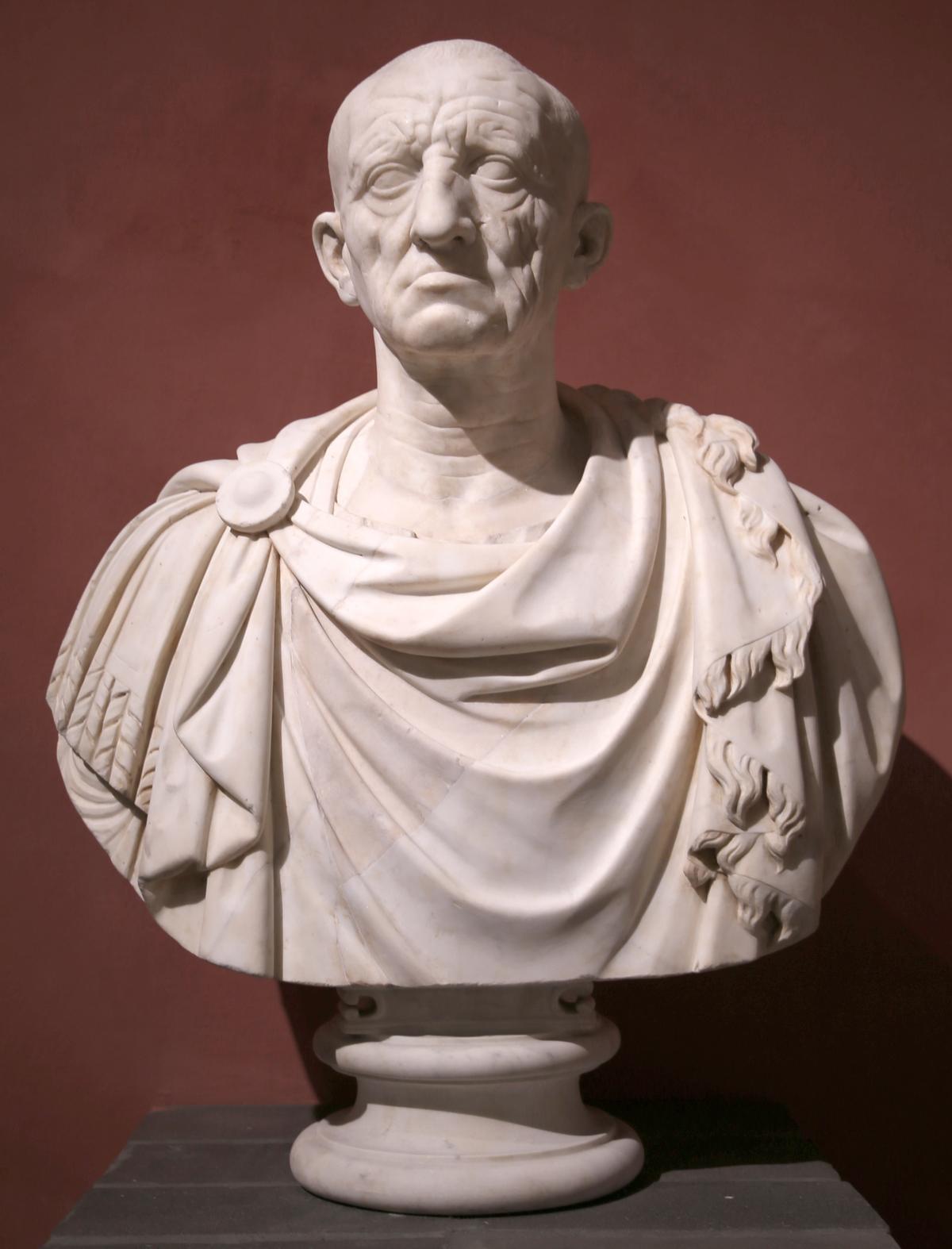 “Torlonia Patrician” (possibly a bust of Cato the Elder), copy from the 1st century of an original from 80 B.C.–70 B.C. Torlonia Collection, Rome. (<a title="User:Sailko" href="https://commons.wikimedia.org/wiki/File:Ritratto_maschile_detto_il_vecchio_di_otricoli,_50_ac_ca._(busto_moderno),_da_otircoli,_poi_coll._visconti,_MT533,_01.jpg">Sailko</a>/<a title="Category:CC-BY-3.0" href="https://commons.wikimedia.org/wiki/Category:CC-BY-3.0">CC-BY-3.0)</a>