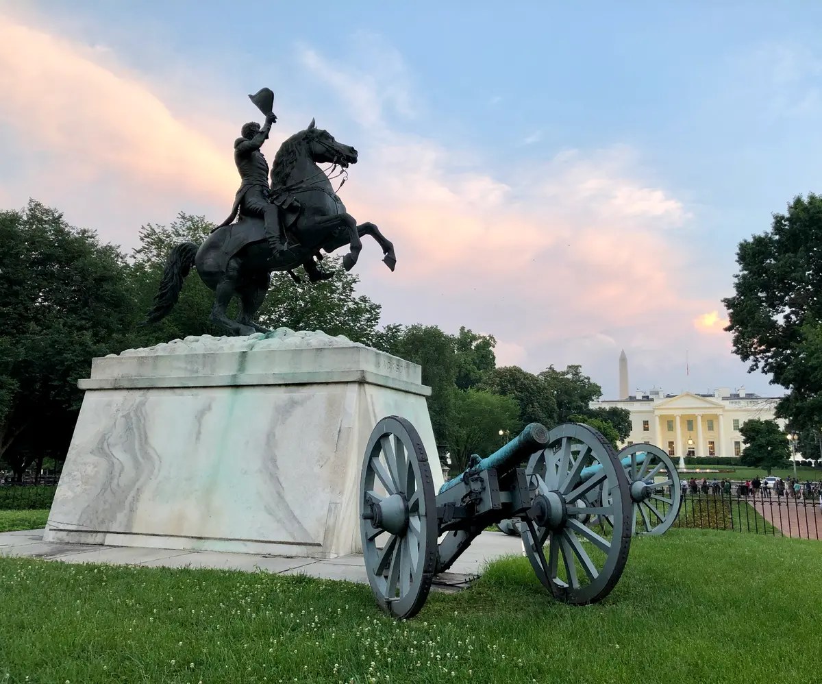 The statue of President Andrew Jackson stands in Lafayette Square. (<a href="https://commons.wikimedia.org/w/index.php?title=User:Dreyno3&action=edit&redlink=1">David Reynolds</a>/<a href="https://creativecommons.org/licenses/by-sa/4.0/deed.en">CC BY-SA 4.0</a>)