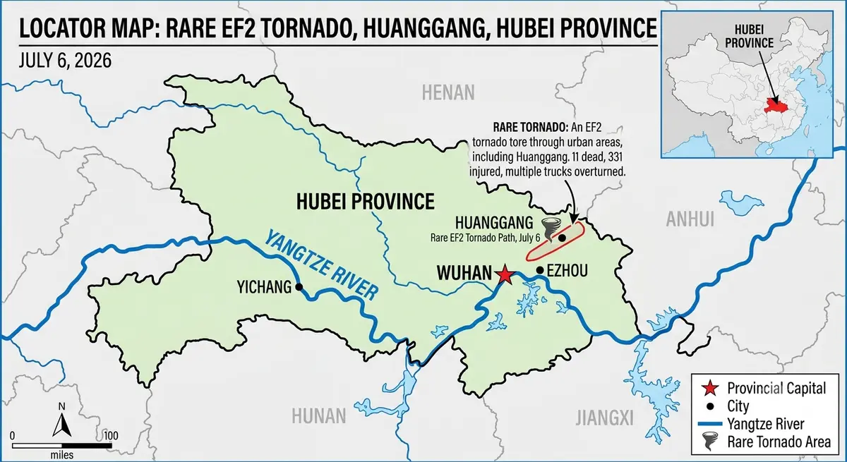 Rare EF2 Tornado Tears Through City in China’s Hubei, Killing 11 and Throwing Trucks 100 Feet