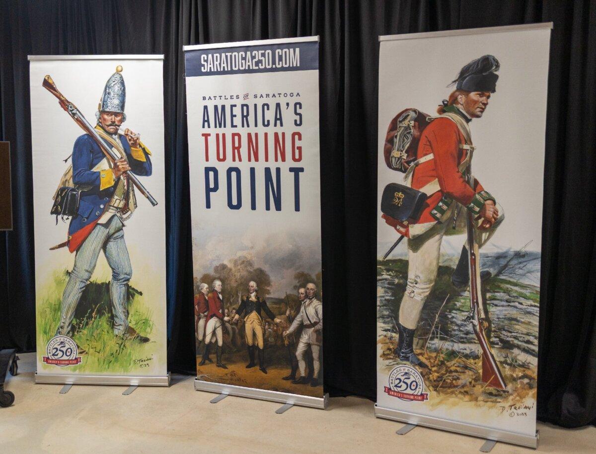 Posters announce the celebration of the Battles of Saratoga in Saratoga, New York, which changed the course of the Revolutionary War. (Photo courtesy of Saratoga250/Daniel Wilson Photography)