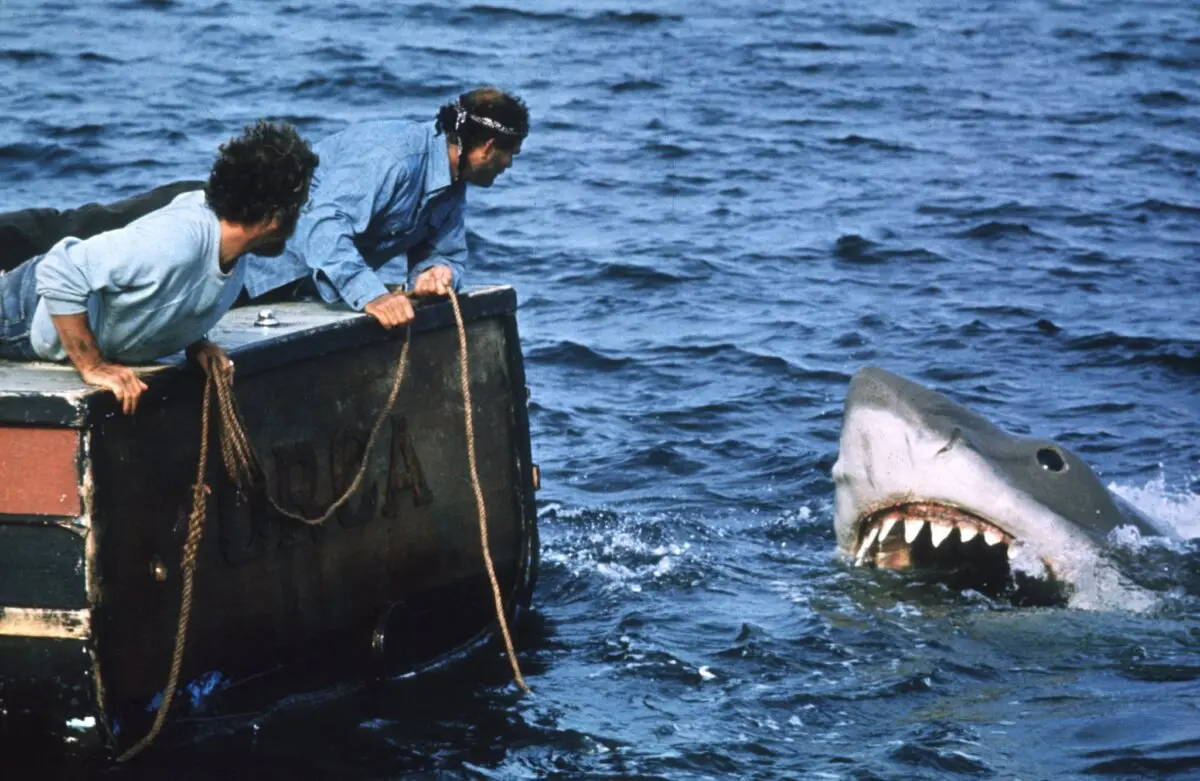 Hooper (Richard Dreyfuss, L) and Quint (Robert Shaw), in “Jaws.” (Universal Studios/MovieStillsDB)