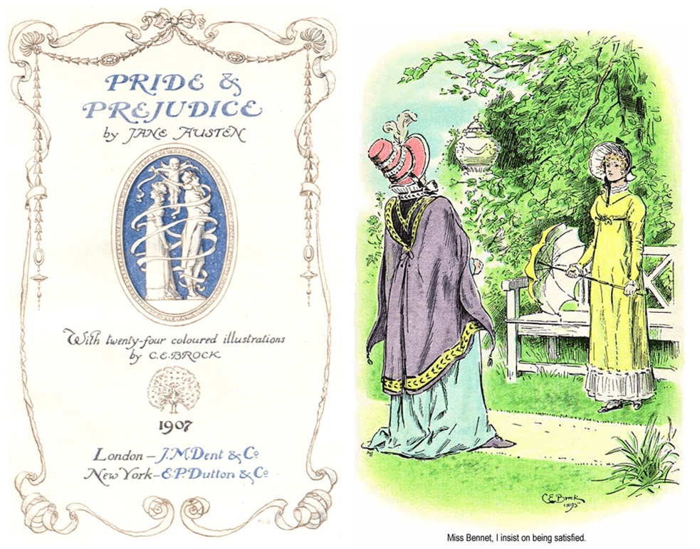 (Left) Cover page of the 1907 edition of “Pride and Prejudice” illustrated by C.E. Brock. (PD-US) (Right) An illustration of Lady Catherine and Elizabeth, 1895, by C. E. Brock. (Public Domain)