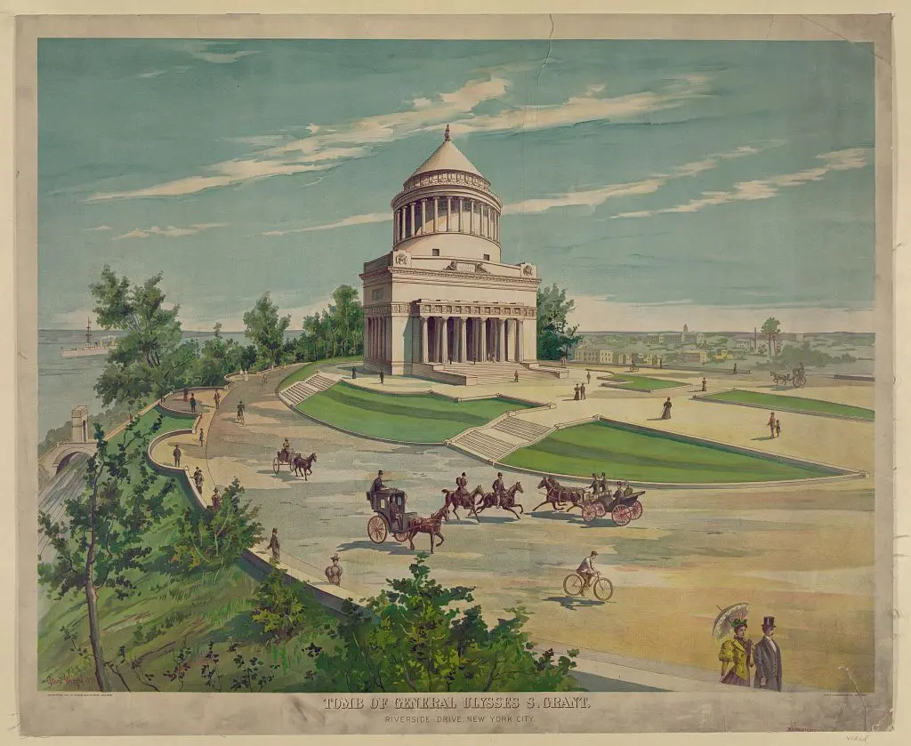Tomb of Gen. Ulysses S. Grant, Riverside Drive, New York City. Print shows pedestrians, carriages, bicyclists, and horseback riders on promenade around the Grant National Memorial. Library of Congress. (Public Domain)