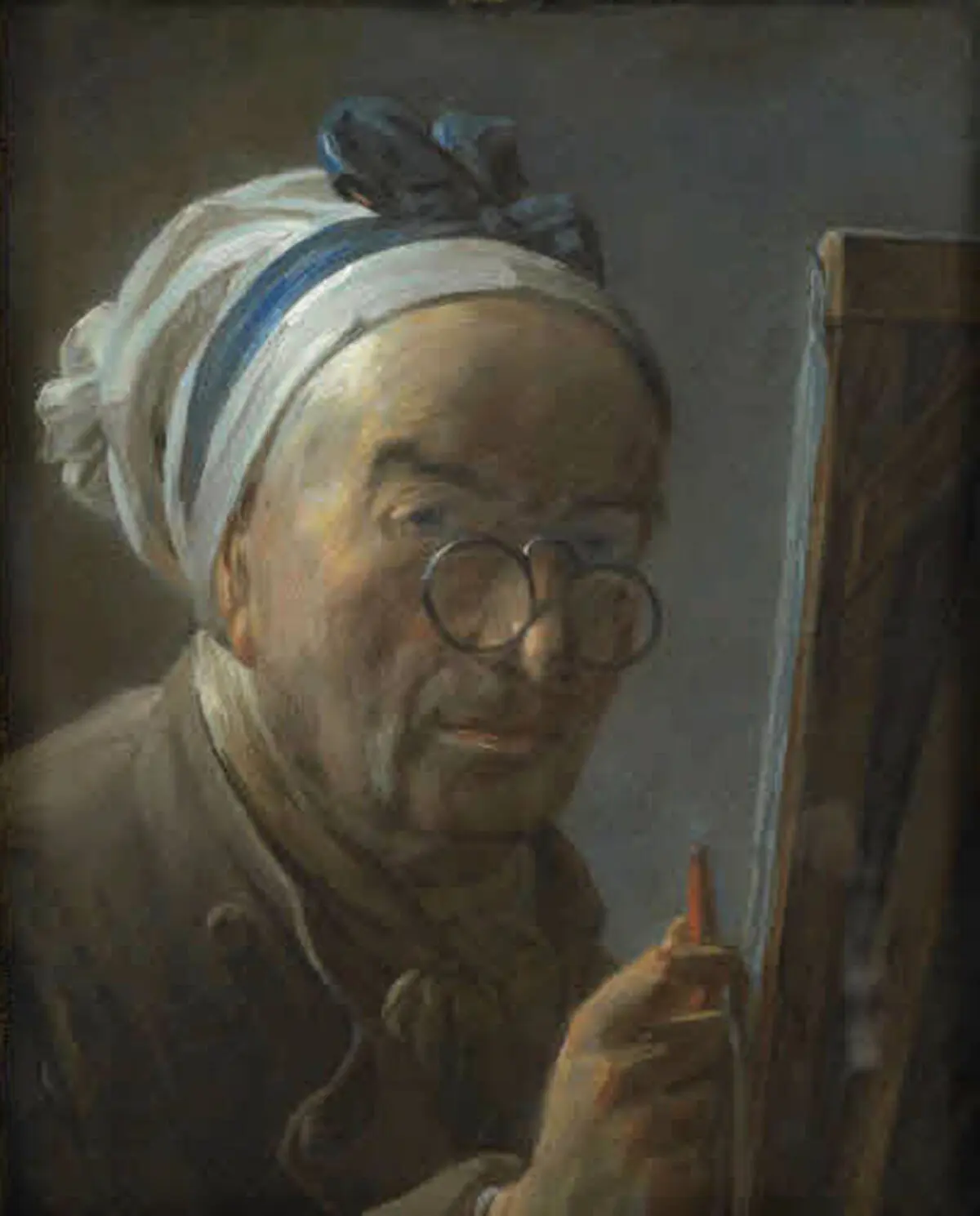 “Self Portrait at an Easel,” circa 1779, by Jean-Baptiste-Siméon Chardin. Pastel on blue paper; 16 inches by 12 3/4 inches. Louvre Museum, Paris. (Public Domain)