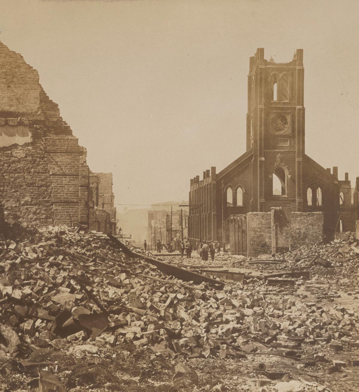 This photograph from 1906 shows Old St. Mary’s Church, standing as one of the few recognizable structures amidst the widespread ruin in Chinatown. Library of Congress. (Public Domain)