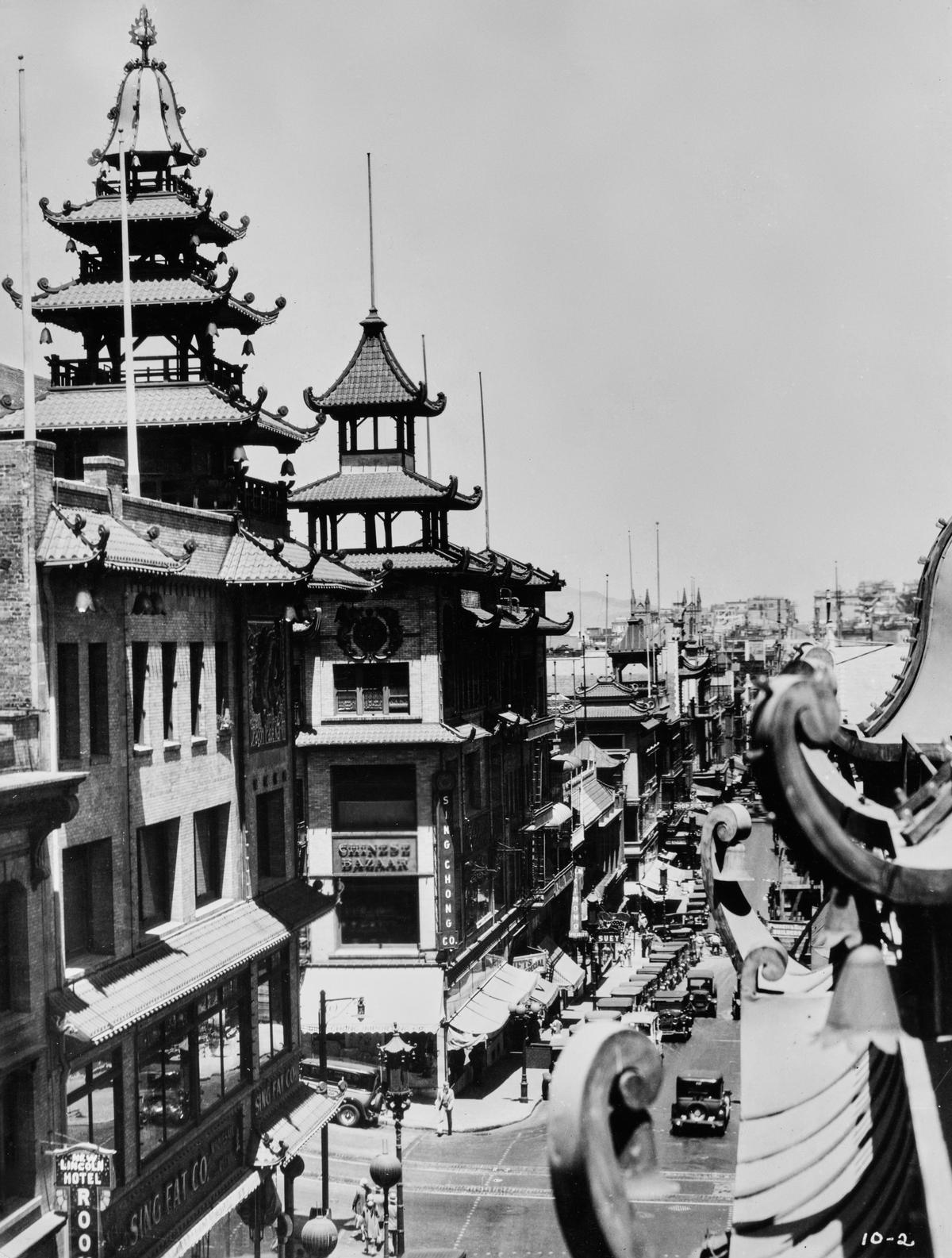 A view of the pagoda-topped Sing Fat and Sing Chong Buildings (left) on Grant Avenue in Chinatown, San Francisco, 1931. (FPG/Getty Images)