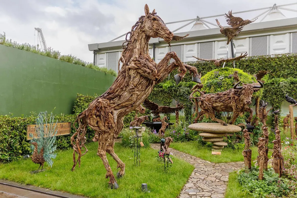 James Doran-Webb's driftwood sculptures from a previous year's entry in the Chelsea Flower Show in London, UK. (Courtesy of James Doran-Webb)