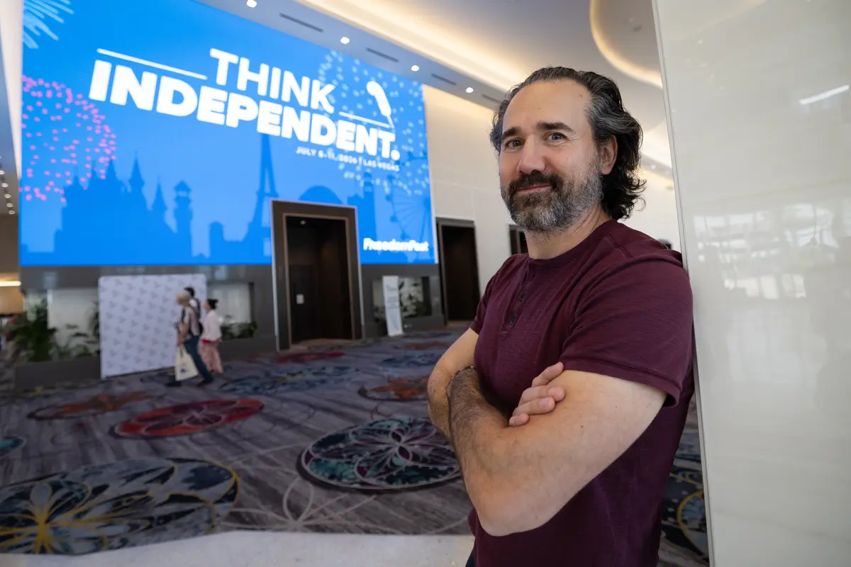Comedian Lou Perez arrives at Freedomfest in Las Vegas on July 8, 2026. (John Fredricks/The Epoch Times)