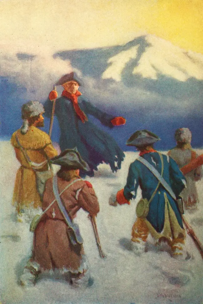 Illustration from the book "Lost With Lt. Pike," this is captioned with, "It's the wrong peak, men—yes, the wrong peak." Published by Edwin L. Sabin in 1919. Project Gutenberg. (Public Domain)