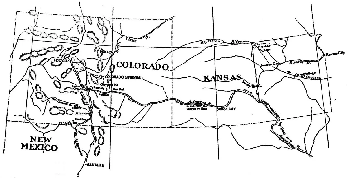 "The Trail of Lt. Pike," as seen in the book "Lost With Lt. Pike." This map shows Wilkinson splitting from Pike, with the former going south along the Arkansas River and the latter heading west. Project Gutenberg. (Public Domain)