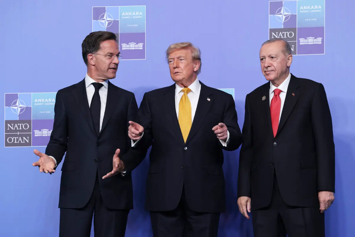 (L-R) NATO Secretary-General Mark Rutte, U.S. President Donald Trump, and Turkish President Recep Tayyip Erdogan during a welcome ceremony of allied heads of state and government, in Ankara, Turkey, on July 8, 2026. (Photo by Win McNamee/Getty Images)