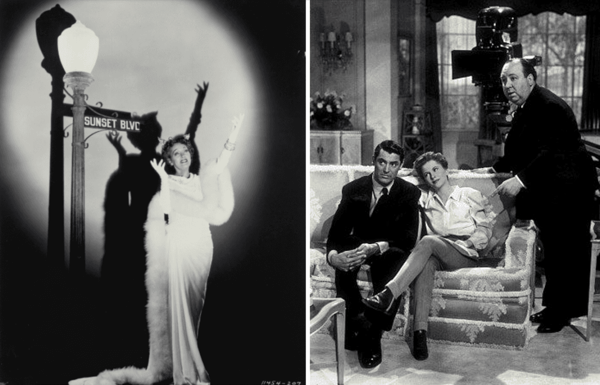 (L) Gloria Swanson, in “Sunset Boulevard.” (Paramount Pictures) and (R) (L–R) Cary Grant, Joan Fontaine, and Alfred Hitchcock on the set of “Suspicion.” (RKO Pictures)