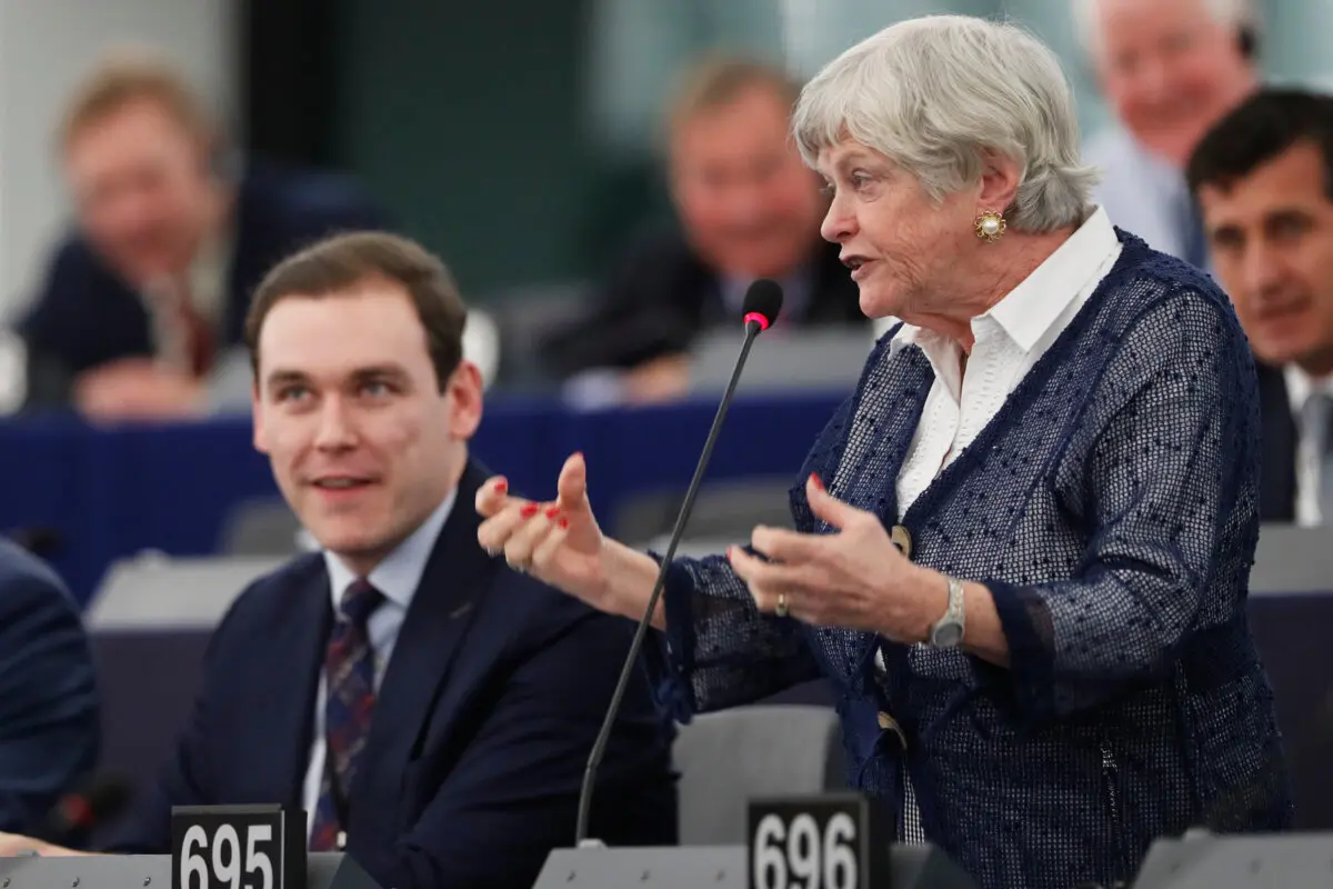 Britain's European parliament member Ann Widdecombe (R) of the Brexit party speaks during a debate at the European parliament, in Strasbourg, eastern France, on Jan. 14, 2020. (AP Photo/Jean-Francois Badias)