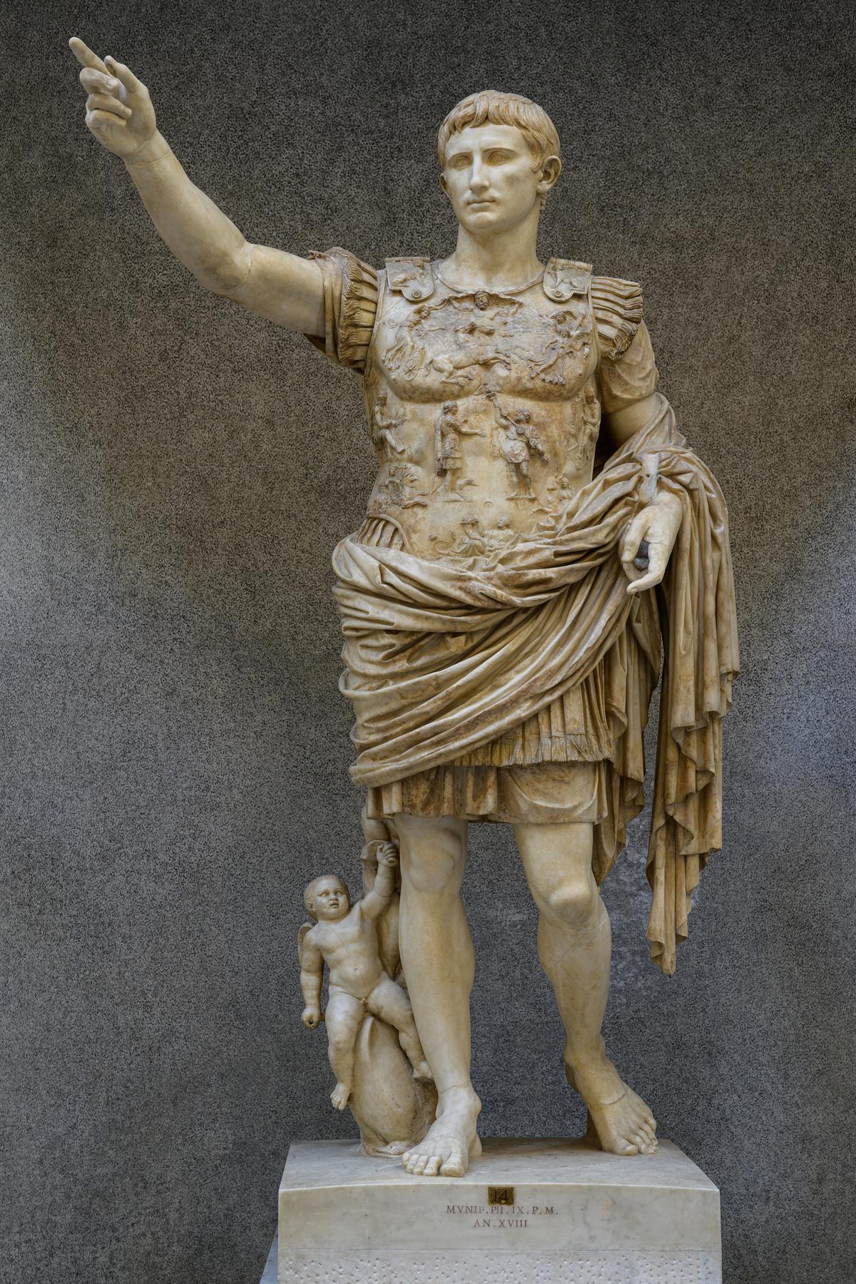 "Augustus of Prima Porta," 1st century, from Villa of Livia, Rome. White marble; 7 feet tall. Vatican Museums, Rome. (<a href="https://commons.wikimedia.org/wiki/File:Augustus_of_Prima_Porta.jpg" target="_blank" rel="nofollow noopener">Justin Benttinen</a>/<a title="Category:CC-BY-SA-4.0" href="https://commons.wikimedia.org/wiki/Category:CC-BY-SA-4.0">CC-BY-SA-4.0</a>)
